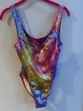 Bacibella Gold and Magenta Shimmery One-Piece Swimsuit High Cut Legs Size 9/10